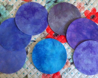 5 Inch Precut Fabric Circles, PURPLES & BLUE, 45 Hand Dyed Die-Cut Circles, 100% Cotton, Pre-Shrunk