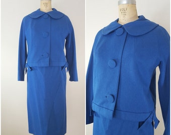 Vintage 1960s Mod Suit / Skirt Suit / Blue Wool / Jacket and Skirt Set / Medium