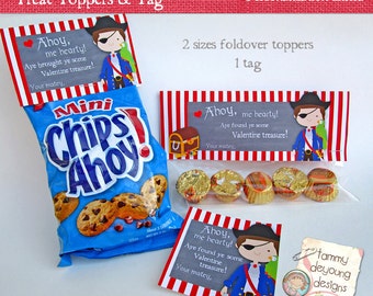 Pirate Valentine Treat Bag Toppers for kids, DIY Printable Valentine Tag, Valentines for boys, classmates, school parties, Pirate labels
