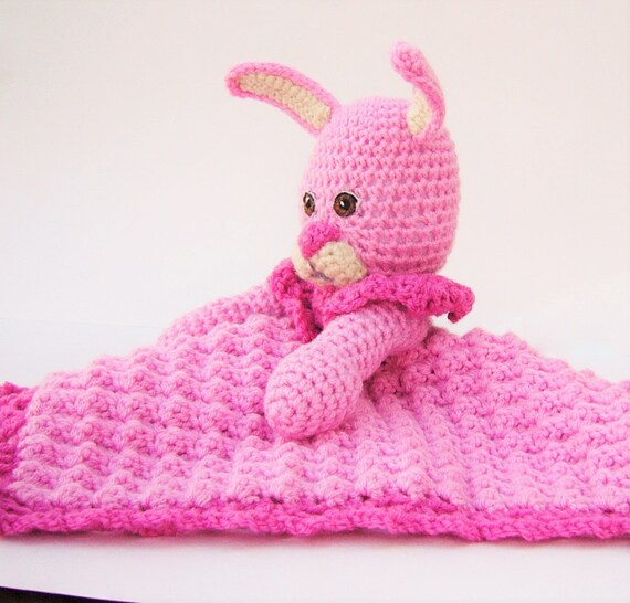 Pink Bunny Security Blanket Crocheted Huggy Lovey Baby Shower