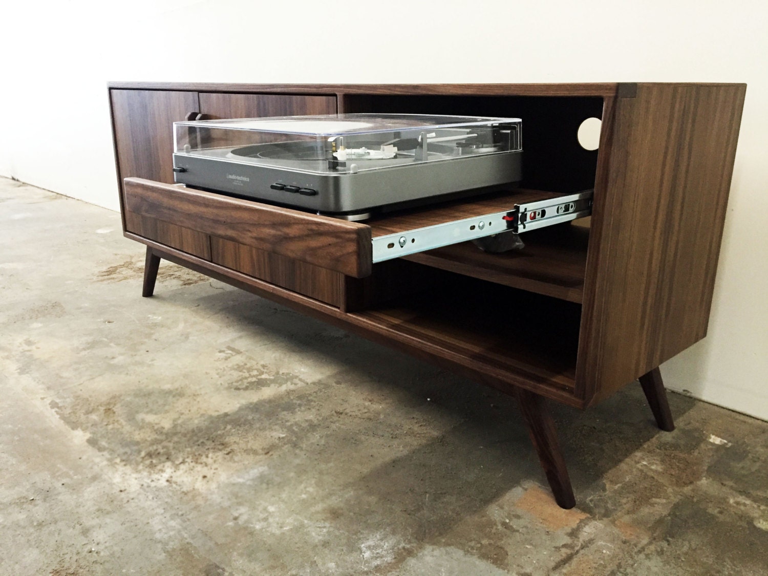 Mid century modern TV console record player pull out