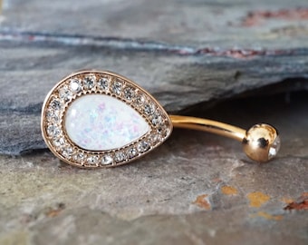 Rose Gold Opal Belly Button Rings White Opal