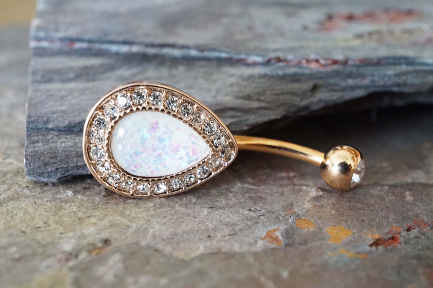 Rose Gold Opal Belly Button Rings White Opal 