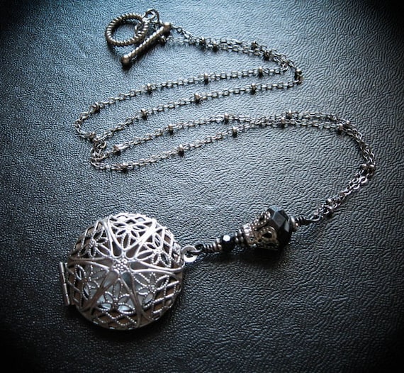 Scent or Perfume Locket in Black Gunmetal Victorian Filigree