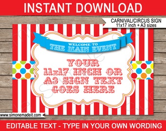 Carnival Welcome Sign - Carnival Party or Circus Party - INSTANT DOWNLOAD with EDITABLE text - pdf template - 11x17 inches and A3 sizes