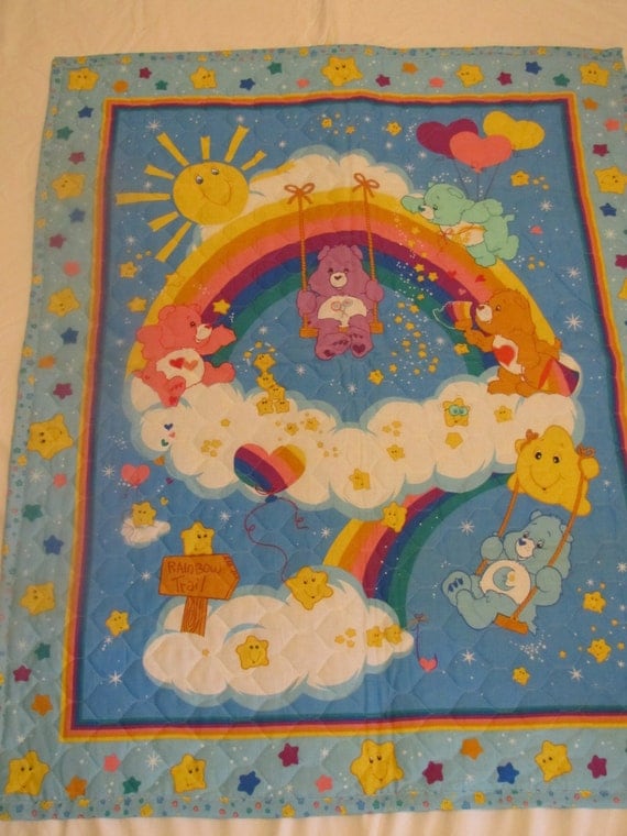 Care Bears Baby Quilt. Finished with seam binding made from