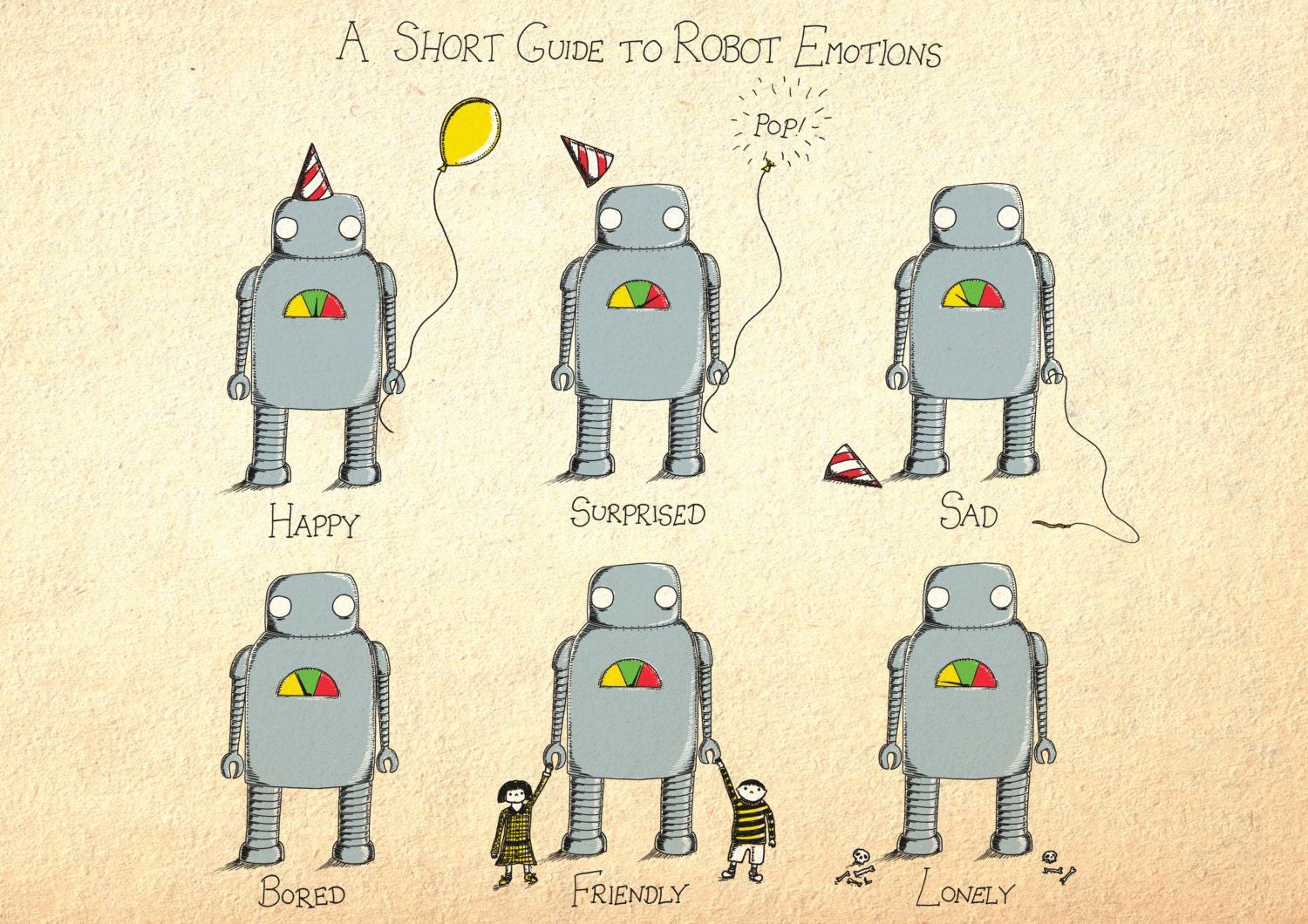 A Short Guide to Robot Emotions A4 robot art print by by JonTurner