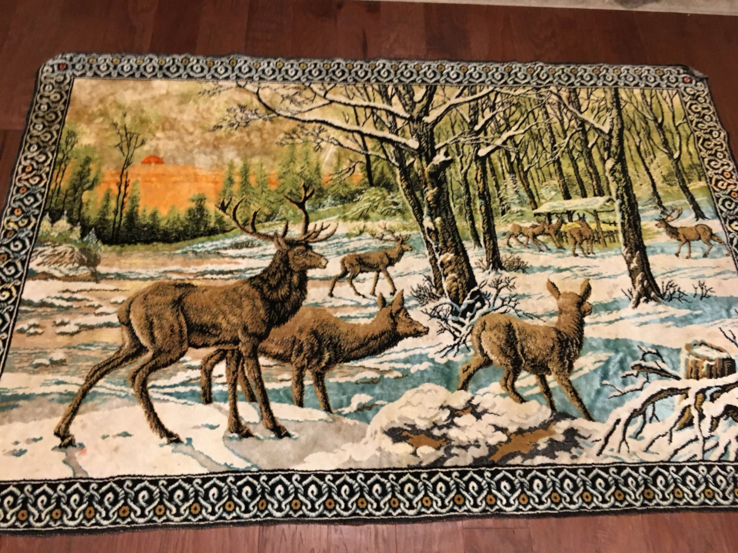 LARGE Velvet Rug stag elk deer tapestry vintage