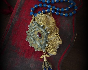 Tribal Statement Necklace with Blue Agate Beads Gilded Turkoman Pendant and Antique Lace Tribal Assemblage Necklace Ethnic Tribal Jewelry