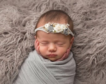 Light Gray Floral Headband, Soft Newborn Headband, Photo Prop, Baby Props, Ivory Headband, Newborn Props, Baby Tieback