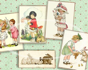 Vintage Easter Cards, Digital Easter Tags, Bunny gift Tags, Printable Tags, DIY Easter Bunny Cards, Easter basket tags scrapbook clip art