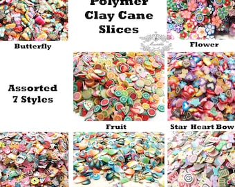 250/500/1000 PCS Mix Polymer Clay Cane Slices Assorted Kawaii Fimo Fruit Butterfly Bow Ribbon Heart Flower Sweets Nail Art Decoration PSC