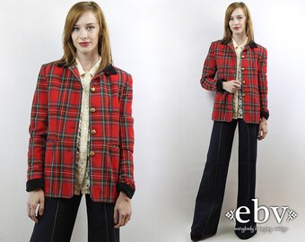 Red Plaid Blazer Plaid Jacket Wool Blazer Fitted Blazer Military Blazer Oversized Blazer Vintage 90s Red Plaid Military Blazer S M