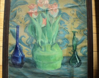 Original Outsider Art Work of A Floral Still Life of pink tulips on a table setting beside two blue glass bottles with wallpaper background