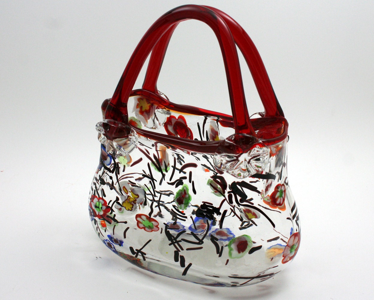 Vintage Murano glass purse red handles bright millefiore