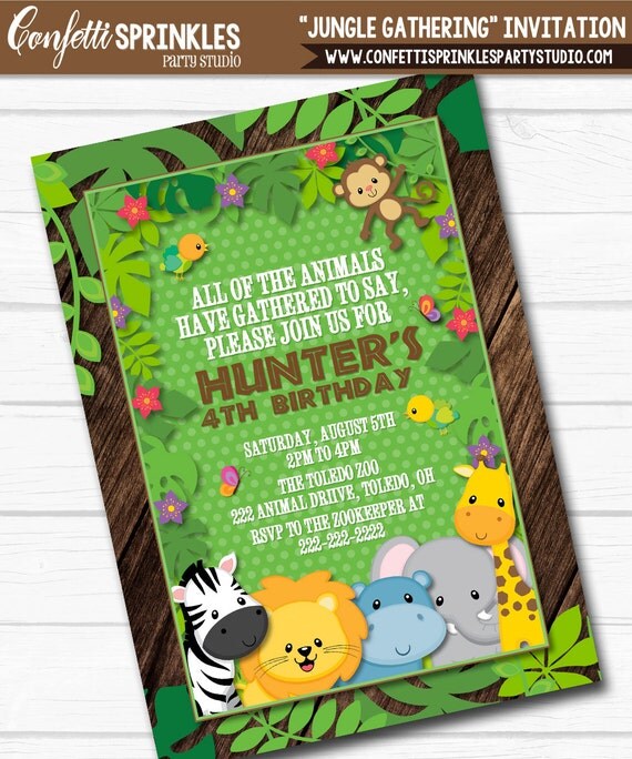 Personalized Safari Exotic "Jungle Gathering" Zoo Animals Birthday Party or Baby Shower Digital Printable 4"x6" or 5"x7" Invitation Il_570xn