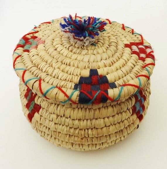 ETHNIC COVERED BASKET Woven with Coiled Technique