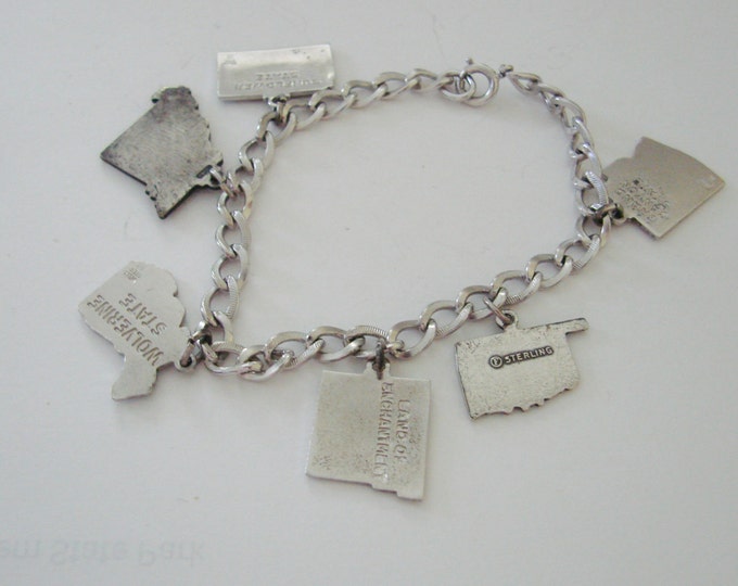 Vintage Sterling Enamel Charm Bracelet / United States / Michigan / Missouri / Arizona / Oklahoma / New Mexico / Kansas
