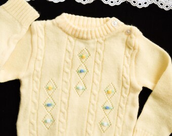 Vintage 60s Baby Girls Sweater, Yellow Cable Knit Pullover, 9-12 Months, Philippines, Embroidered Blue White Flowers, Reborn Doll Clothes