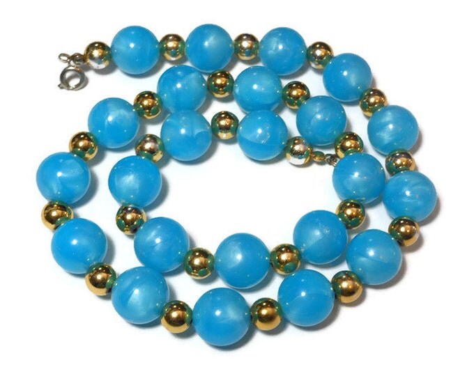 FREE SHIPPING 1950s blue lucite necklace, blue beads with light blue marbling interspersed with smaller gold beads for a lovely retro effect