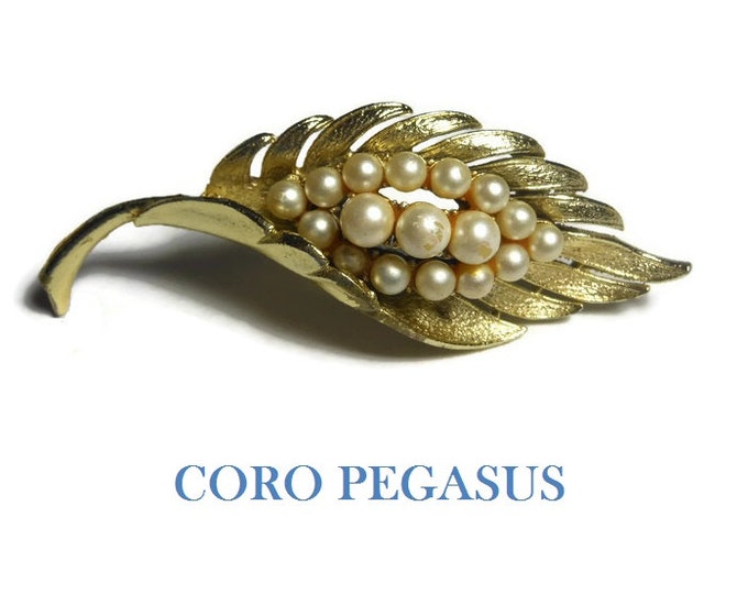 FREE SHIPPING Coro Pegasus brooch, textured gold plated leaf with faux pearl interior, folded over leaf