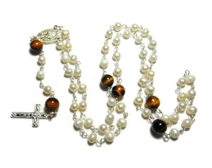 Cultured pearl rosary beads, 'Pure Love', pearls with tiger's eye Our Father beads, silver plated Miraculous Medal and Crucifix- free pouch