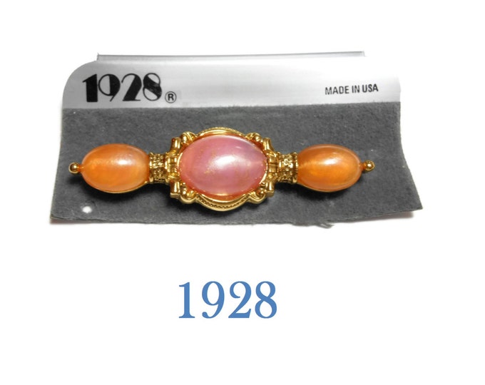 FREE SHIPPING 1928 pink bar pin, pink orange brooch, faux pearl opalescence cabochons gold frame and connectors, new old stock (NOS) on card