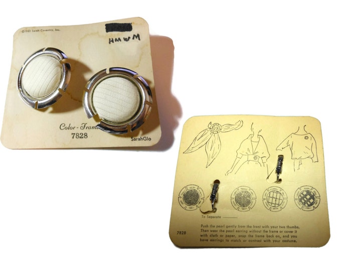 FREE SHIPPING Sarah Coventry earrings, 1961 Color Frame, silver tone round, interchangeable fabric, clip earrings,faux mother of pearl