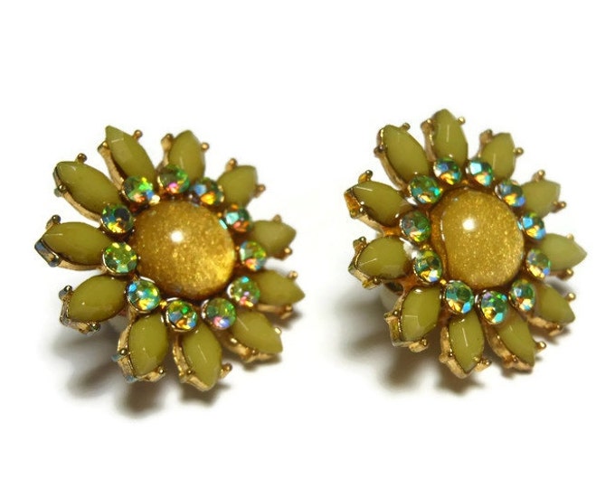 FREE SHIPPING Green moonglow clip earrings, olive moonglow flower petals, aurora borealis (AB) rhinestones, golden glitter cabochon, floral