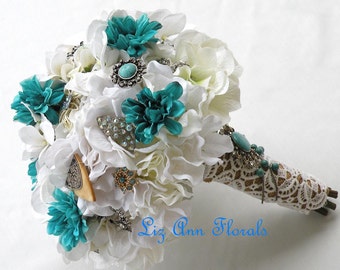 WESTERN Silk Wedding Bouquet, ON SALE, Brooch Bouquet Turquoise, White Wedding Bouquet Brooch Bouquet, Jeweled Bridal Bouquet Ready to ship