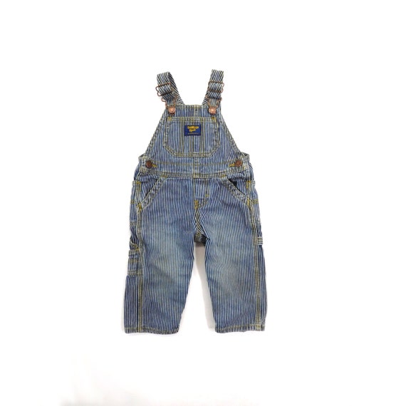 12M OshKosh Bgosh Blue Striped Railroad Train Engineer Baby Overalls Romper Jumper One Piece Bib Suit size 12 Months 1yr