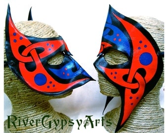 Leather Celtic Helms, Red Blue Black Mask Set, Two Handpainted Wearable Art, Irish Knotwork Couples Costume (M38/M58)