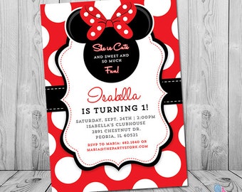 Minnie Mouse First Birthday Invitation, Minnie Mouse 1st Birthday Invitation, Minnie First Birthday, Birthday Invitation Girl - Printable