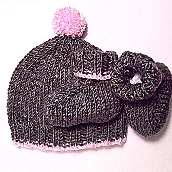 pink trim pom pom uk knitted UK. Booties Hand Pom and with in Slate pom trim Hat Pink a