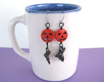 Bat Jewelry, Halloween Jewelry, Jack-O-Lantern Pumpkin Earrings