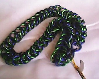 Chainmaille necklace made with green and purple aluminum rings - 18.5 inches.