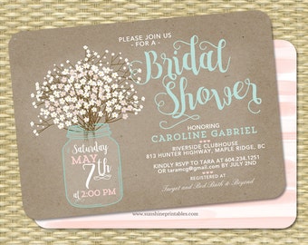 Rustic Bridal Shower Invitation Kraft Mason Jar and Baby's Breath Babies Breath Bridal Brunch ANY EVENT Any Colors