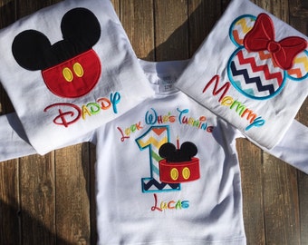 Boys first birthday mickey mouse clubhouse custom bodysuit or shirt with matching parent shirts