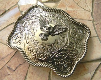 Silver Skull Belt Buckle, Mens Womens Western Belt Buckle, Biker Babe Custom Buckle, Heavy Metal Skull Head Rhinestone Country Rocker Buckle