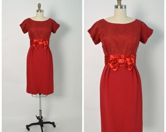 Vintage 1950s 50s Dress Red Lace Cocktail Party Holiday Dress