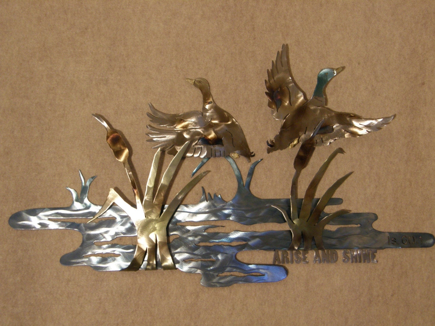 Metal Wall Sculpture of Ducks in Pond Setting