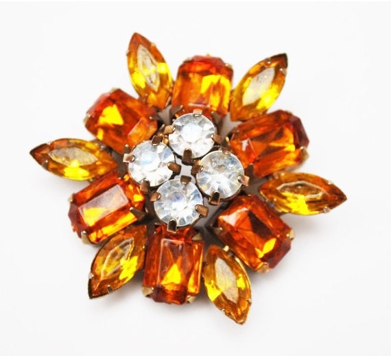 Rhinestone Flower Brooch orange and yellow Lucite Floral