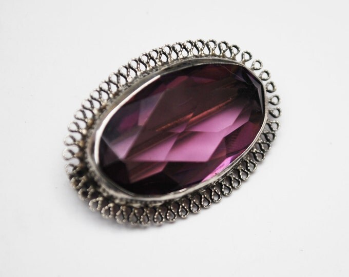 Sterling Brooch with Amethyst Purple Glass silver lace filigree pin