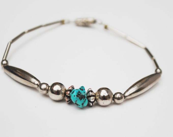 Sterling Bead Turquoise Bracelet - silver beads - Blue Gemstone - Native American - Southwestern - Boho Bangle