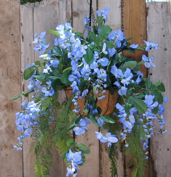 Silk Hanging Plant Blue Wisteria with long by SilkEleganceFlorals
