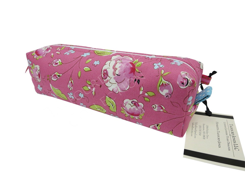 Pink Blue Floral Box Pencil Case Zipper Makeup or Cosmetic