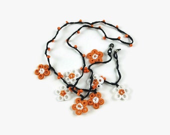 Orange and White Flowers Crochet Black Eye Glass Chains, Eye Glass Cord Women Eye Glass Necklace Gift for Mom, Grandma Crochet Lanyard
