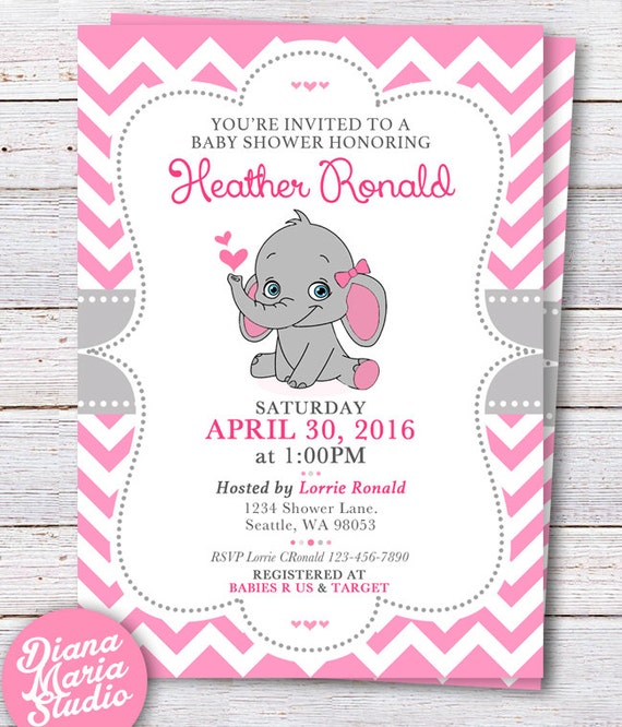 Pink Elephant Baby Shower Invitations 3