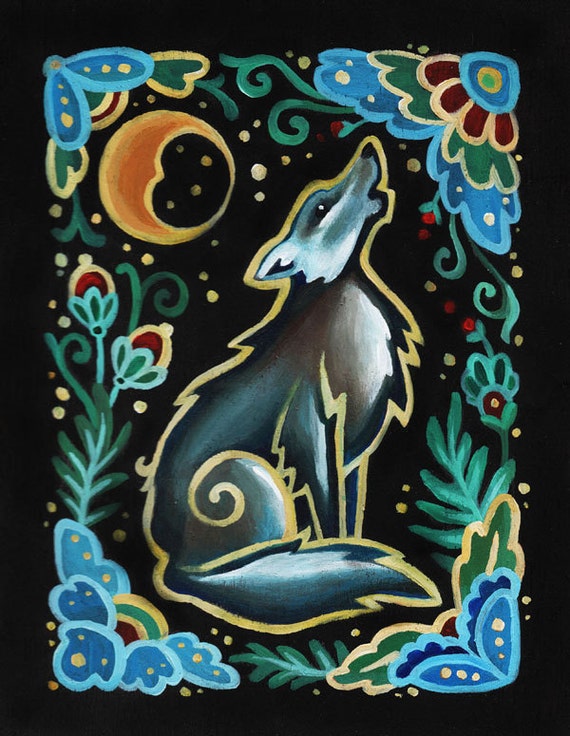 Wolf Folk Art Print Wall Art Home Decor 5x7