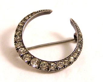 Antique Silver Crescent Moon Brooch, 900 Silver Paste Brooch, Crescent Brooch